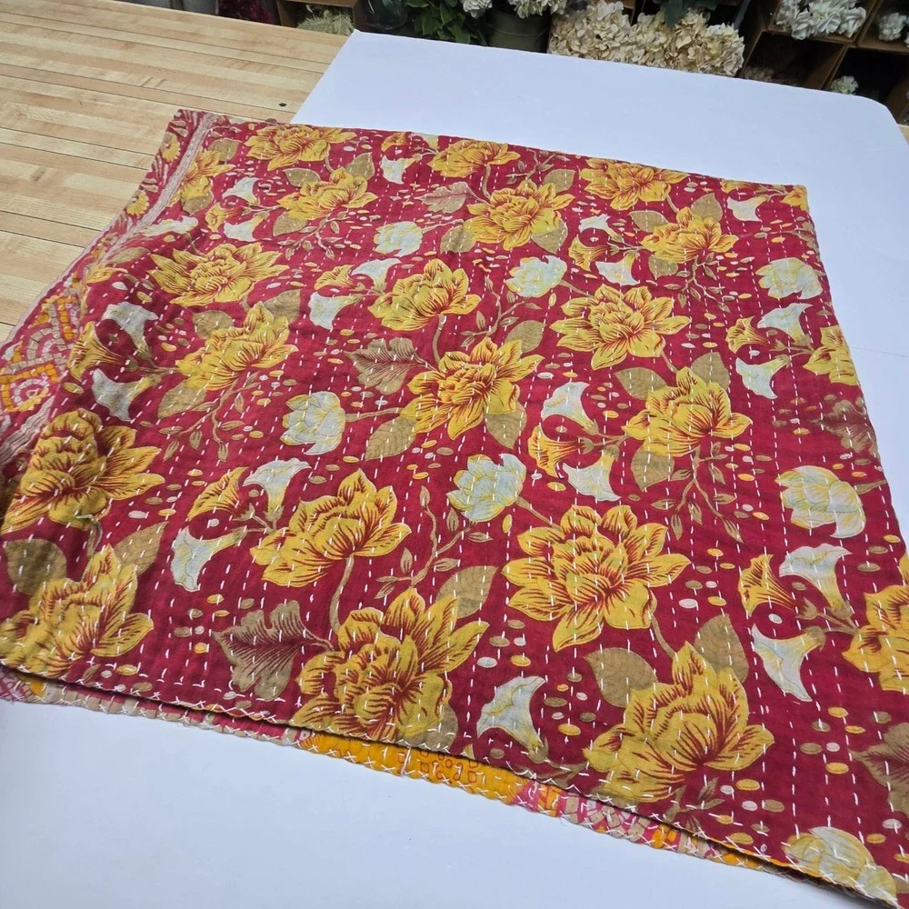 Kantha Throw Blanket Pink Yellow 52x43 Reversible Floral Geometric Boho‎ Cottage